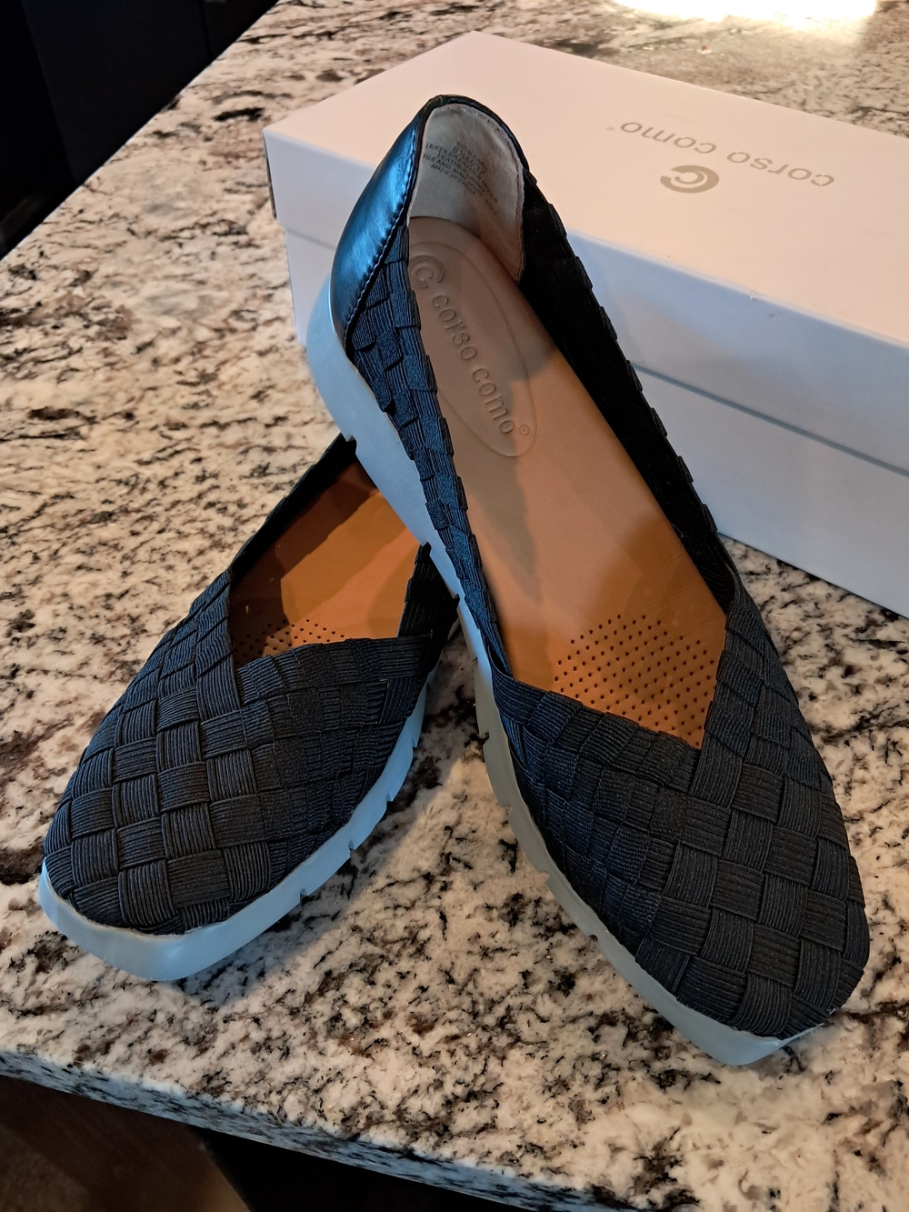 Corso Como Black Woven Slip-On Flats with White Sole